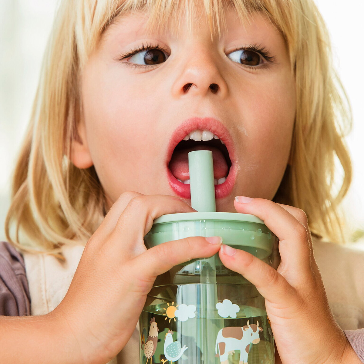 Trinkglas Mio 250 ml mit Trinkhalm Little Farm